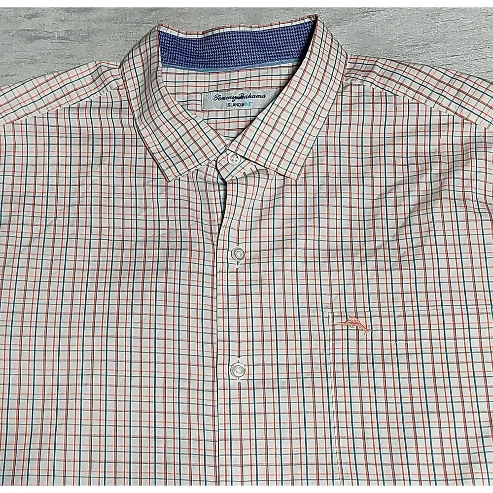 TOMMY BAHAMA ISLAND ZONE Men XL Teal‎ Orange Windowpane Pima Cotton Shirt EUC
